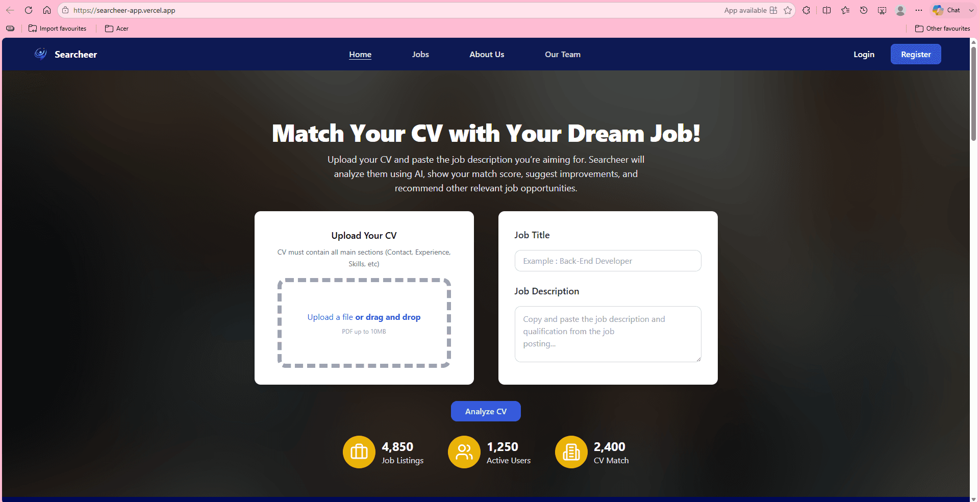 Searcheer App CV analysis tool interface screenshot
